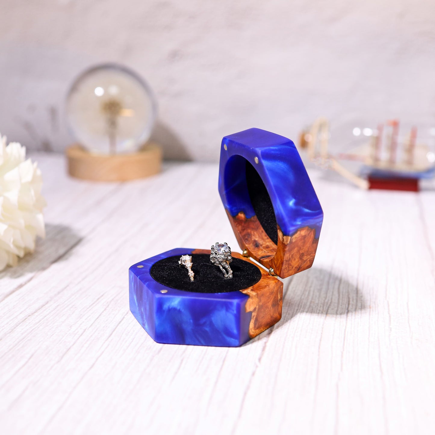 Custom Hexagonal Blue Resin Double Ring Box