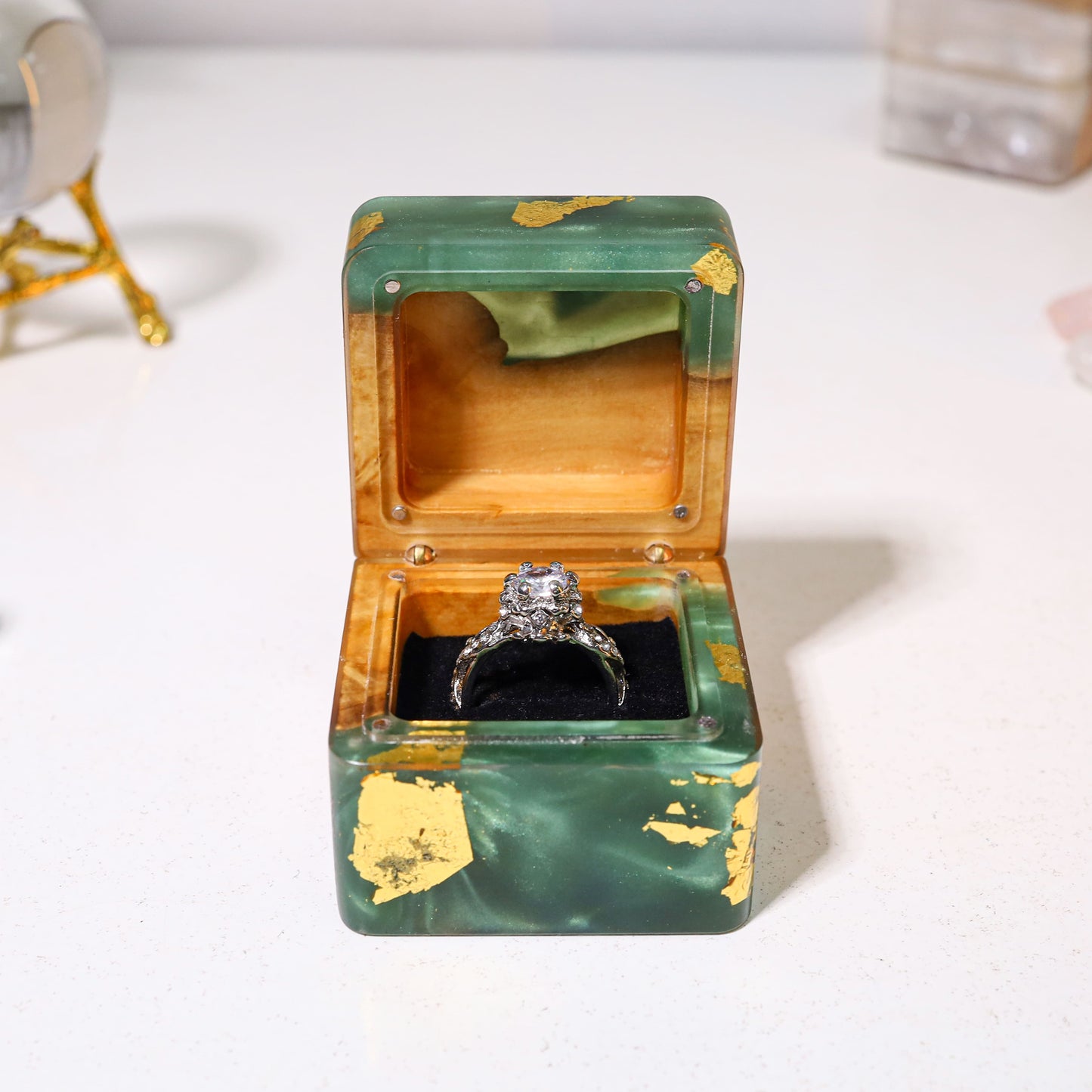 Square Teal Green Resin Engagement Ring Box