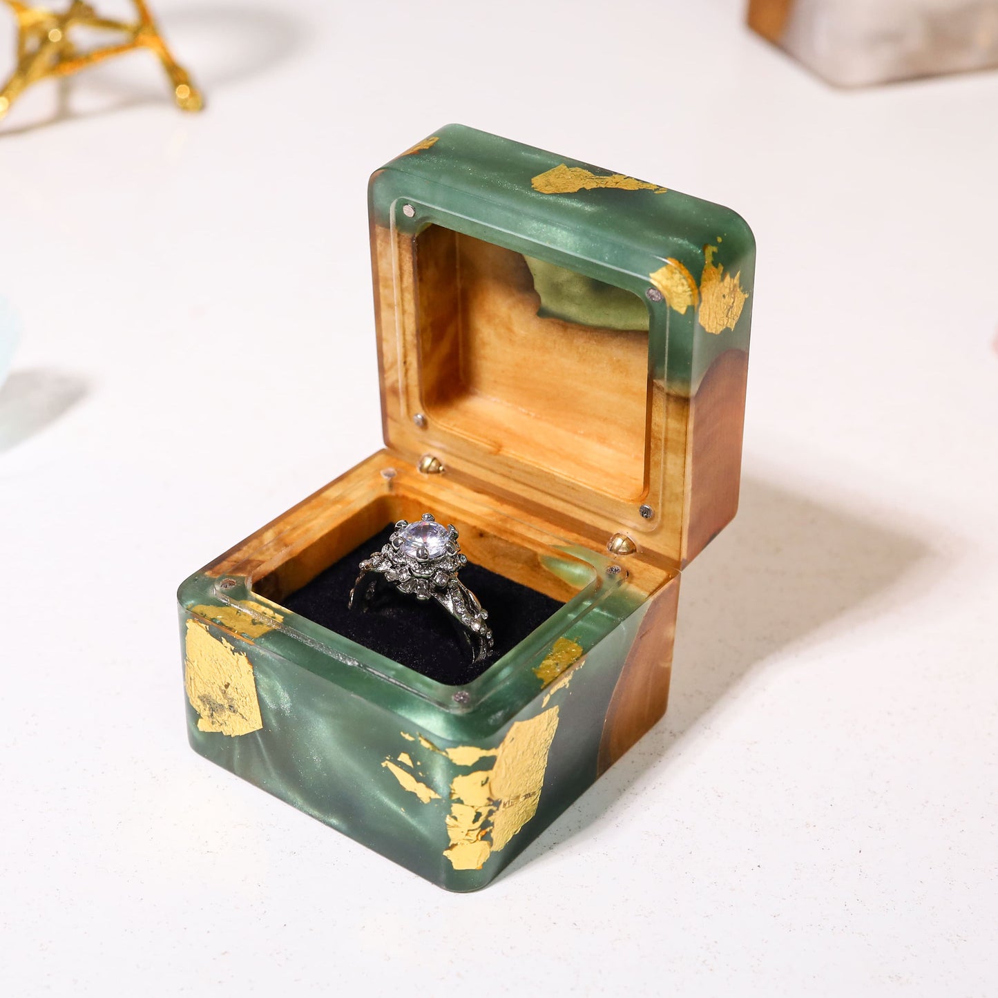 Square Teal Green Resin Engagement Ring Box