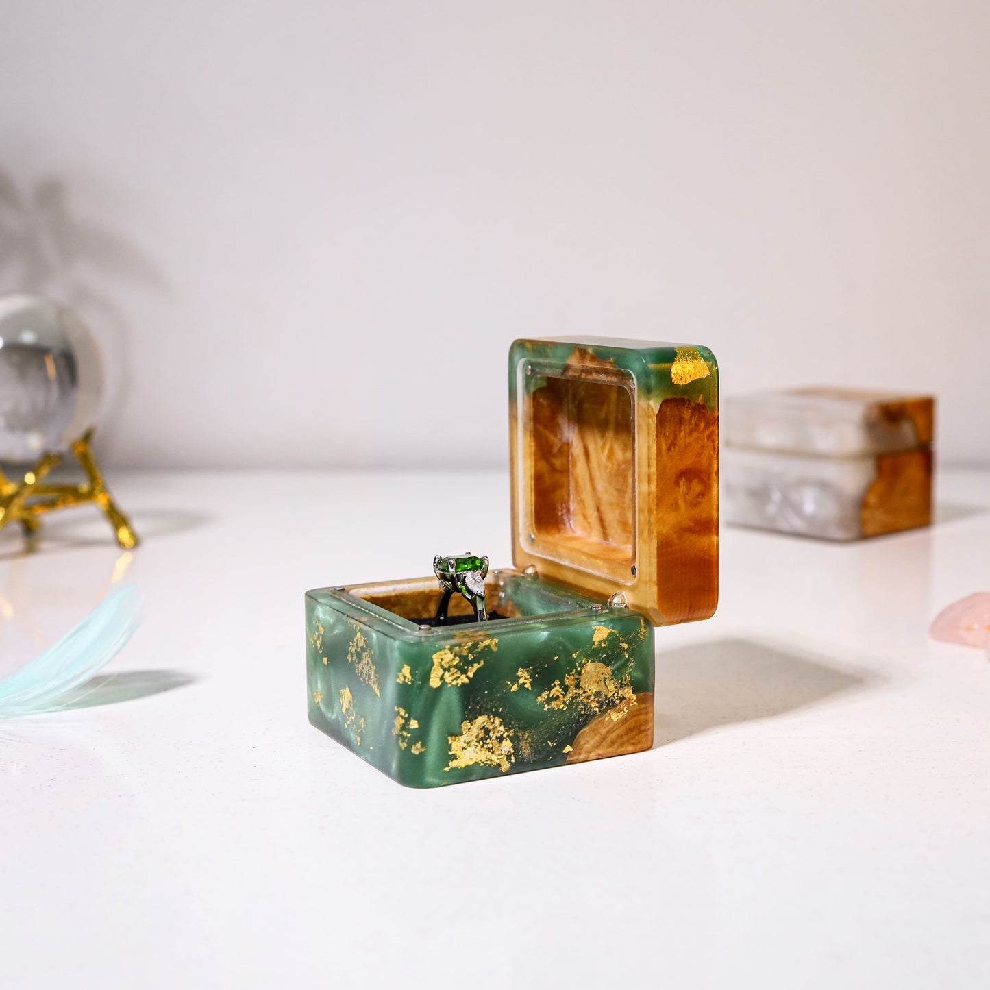 Square Teal Green Resin Engagement Ring Box
